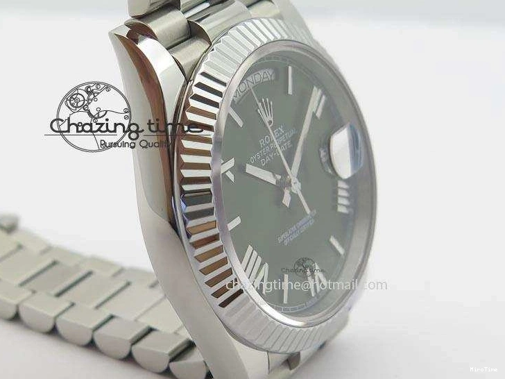 MiroTime 0508 Stretchable DayDate 40mm BP-Maker 228206 SS Green Roman Dial (Fluted Bezel) On SS Bracelet ETA 3904